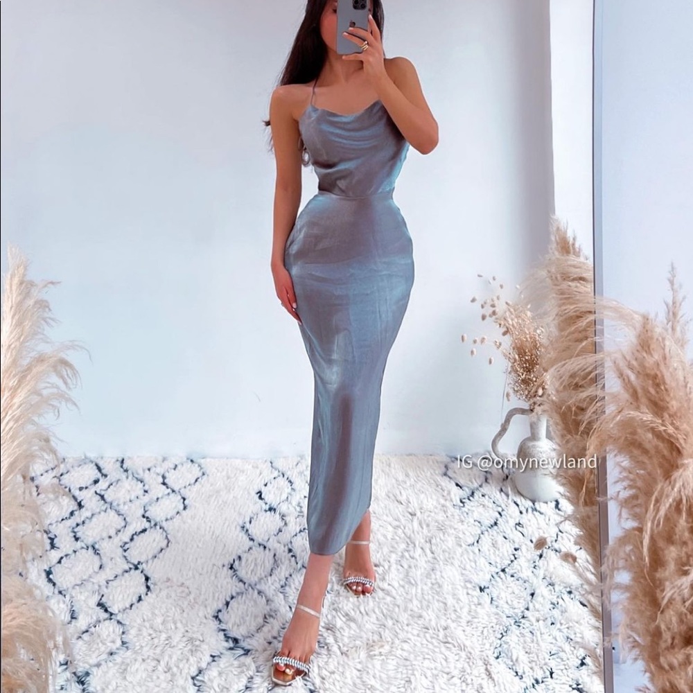 ZARA Silver Metallic Back Laced Slip Dress - Picture 11 of 15